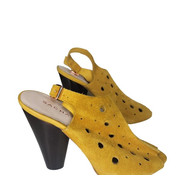 Sacha London Mustard Yellow Suede Leather Upper Slingback Heeled Sandals With Cu - Picture 9 of 11